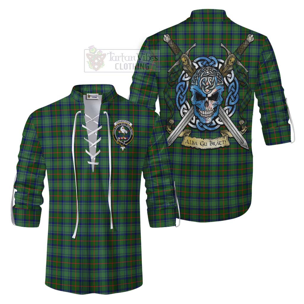 Tartan Vibes Clothing Cranstoun (Cranston) Tartan Ghillie Kilt Shirt with Family Crest Celtic Skull Style