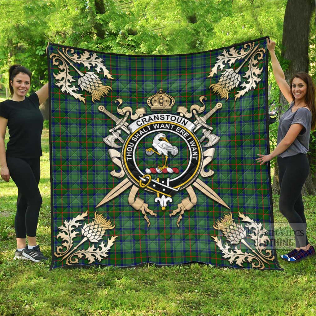 Tartan Vibes Clothing Cranstoun (Cranston) Tartan Quilt with Family Crest and Scottish Golden Courage Shield