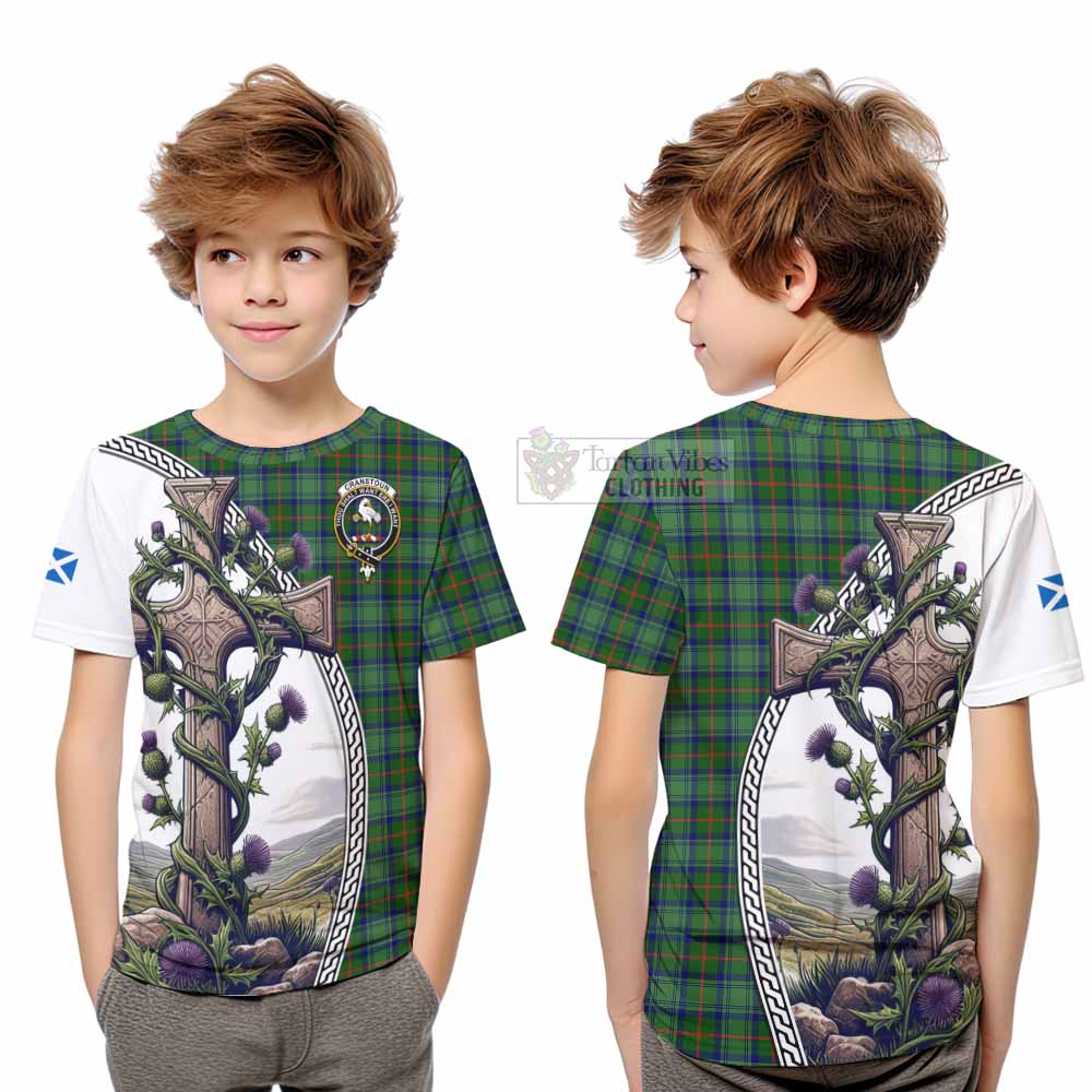 Tartan Vibes Clothing Cranstoun (Cranston) Tartan Kid T-Shirt with Family Crest and St. Andrew's Cross Accented by Thistle Vines