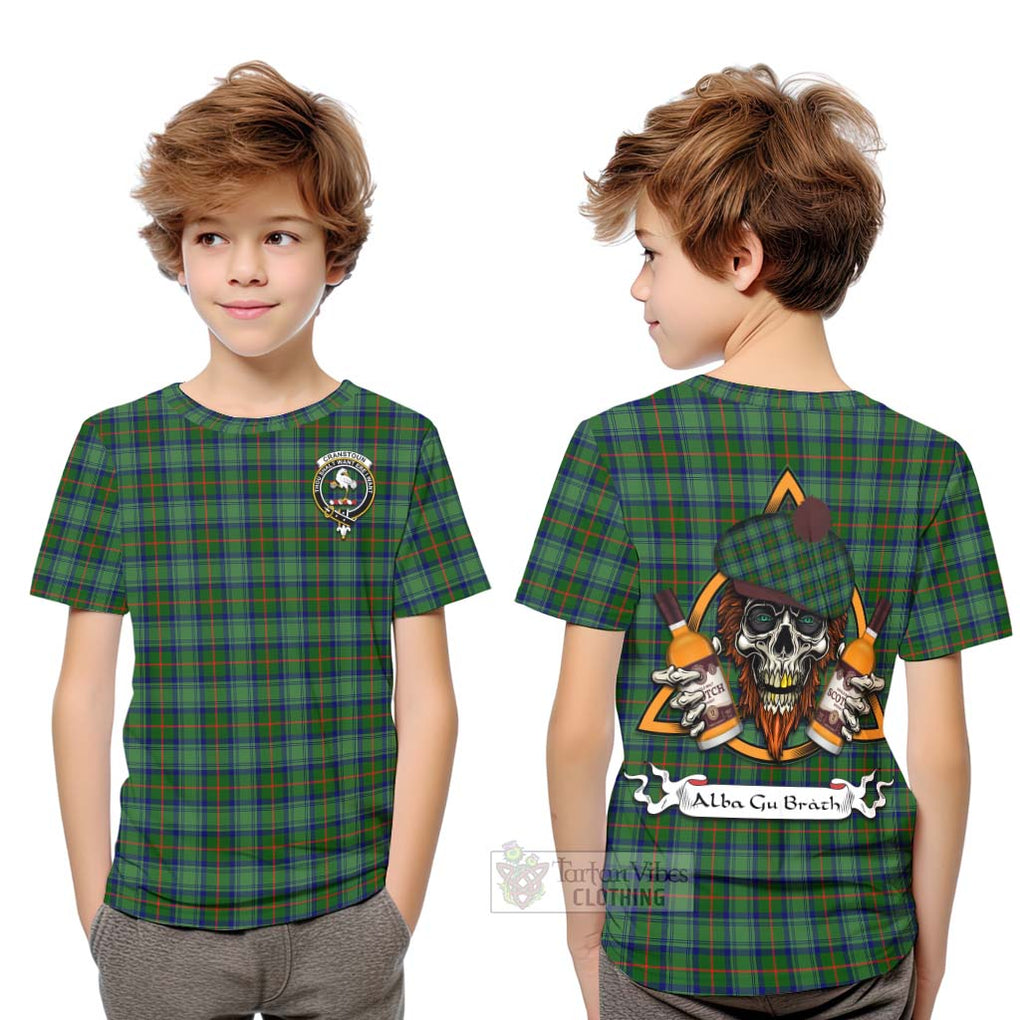 Tartan Vibes Clothing Cranstoun (Cranston) Tartan Kid T-Shirt with Family Crest and Bearded Skull Holding Bottles of Whiskey