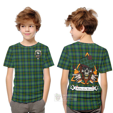 Cranstoun (Cranston) Tartan Kid T-Shirt with Family Crest and Bearded Skull Holding Bottles of Whiskey