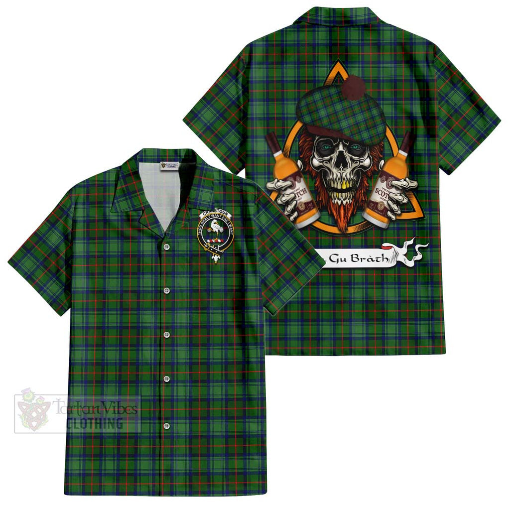 Tartan Vibes Clothing Cranstoun (Cranston) Tartan Short Sleeve Button Shirt with Family Crest and Bearded Skull Holding Bottles of Whiskey