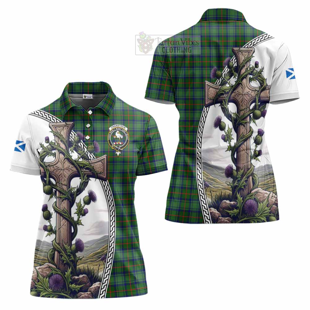 Tartan Vibes Clothing Cranstoun (Cranston) Tartan Women's Polo Shirt with Family Crest and St. Andrew's Cross Accented by Thistle Vines