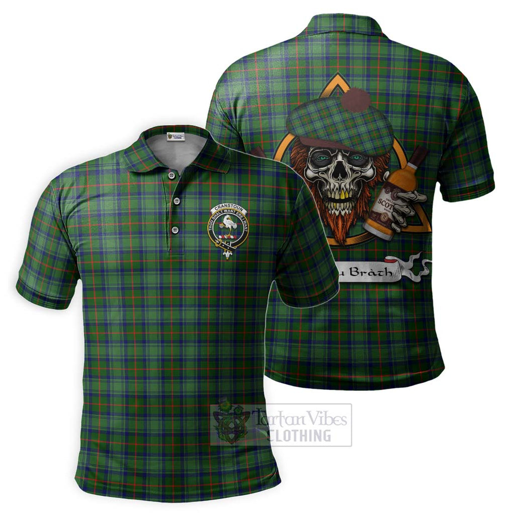 Tartan Vibes Clothing Cranstoun (Cranston) Tartan Polo Shirt with Family Crest and Bearded Skull Holding Bottles of Whiskey