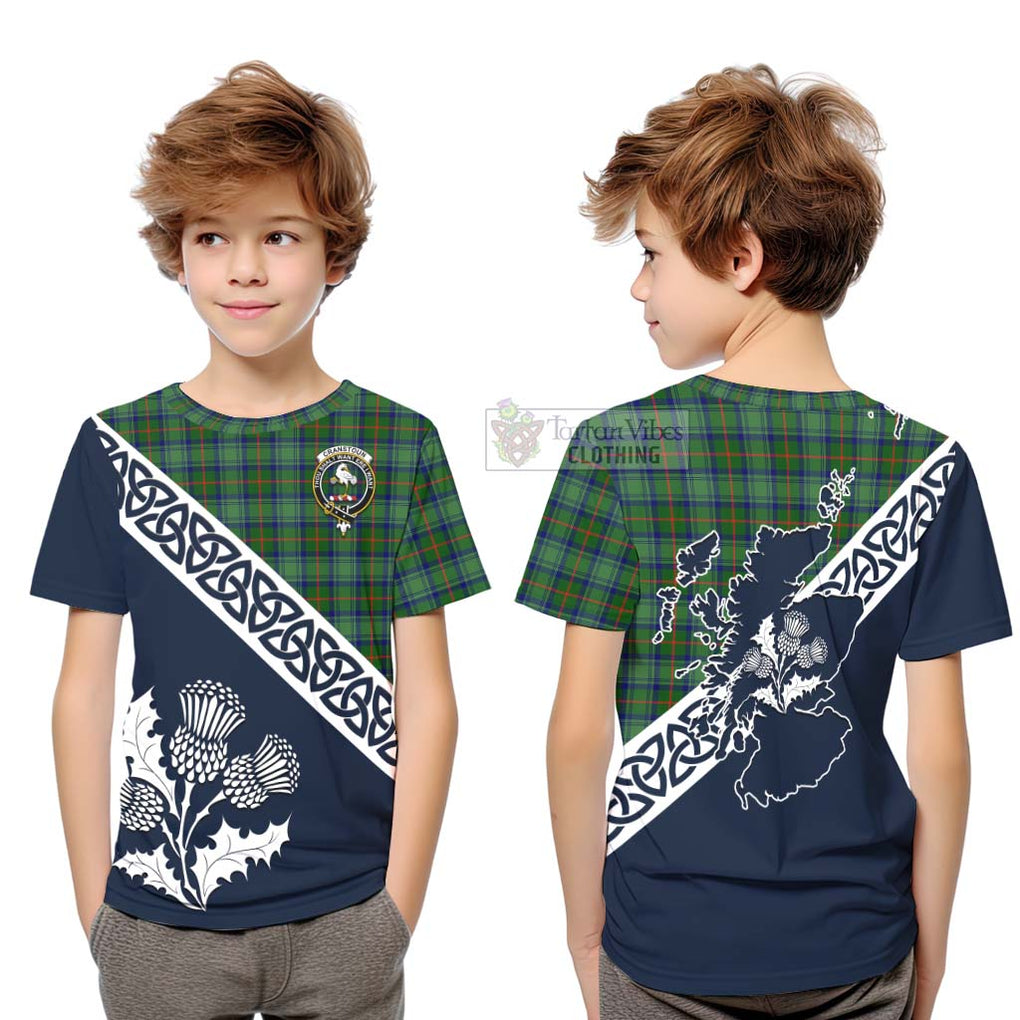 Tartan Vibes Clothing Cranstoun (Cranston) Tartan Kid T-Shirt Featuring Thistle and Scotland Map