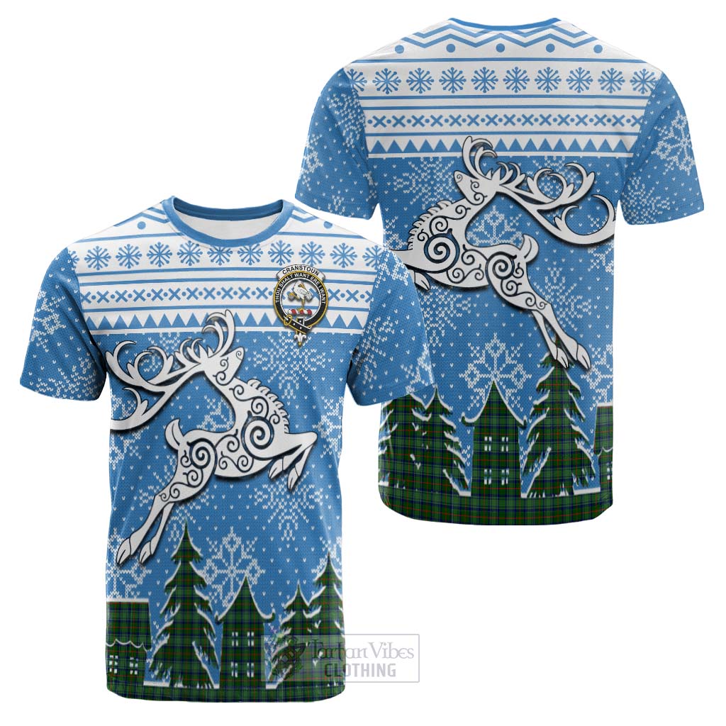 Tartan Vibes Clothing Cranstoun (Cranston) Clan Christmas Cotton T-shirt Celtic Reindeer Style