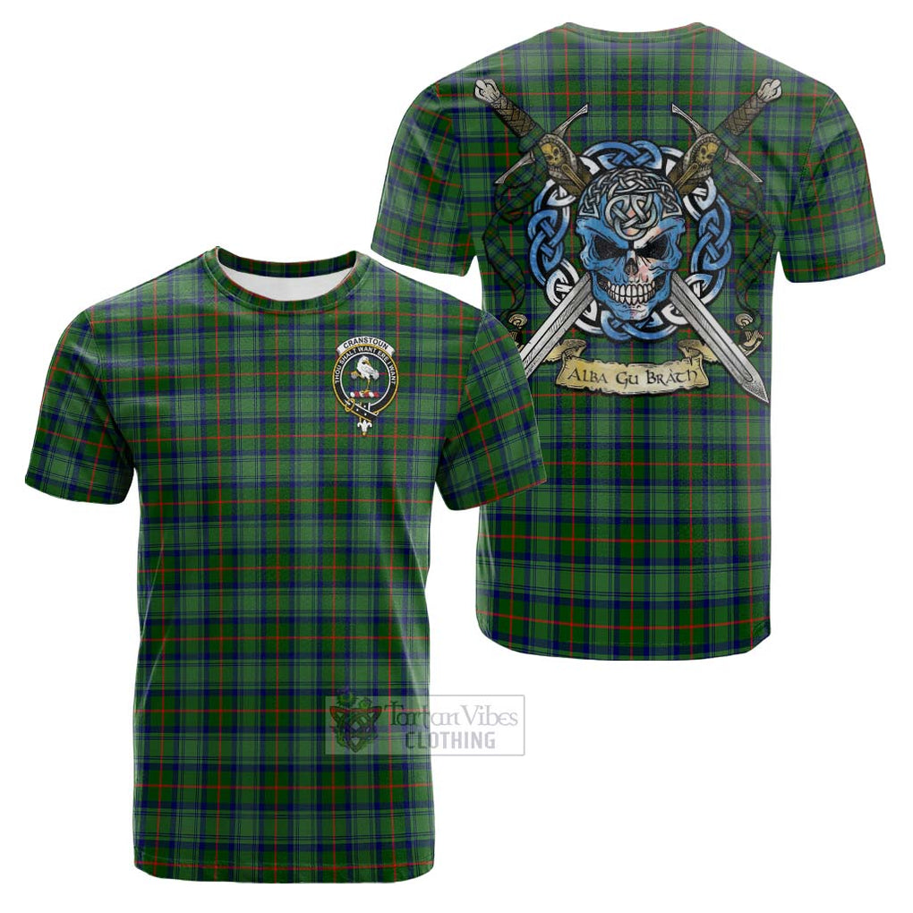 Tartan Vibes Clothing Cranstoun (Cranston) Tartan Cotton T-shirt with Family Crest Celtic Skull Style