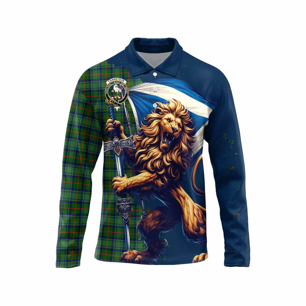 Tartan Vibes Clothing Cranstoun (Cranston) Tartan Family Crest Long Sleeve Polo Shirt with Scottish Majestic Lion