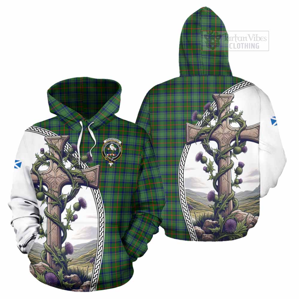 Tartan Vibes Clothing Cranstoun (Cranston) Tartan Hoodie with Family Crest and St. Andrew's Cross Accented by Thistle Vines