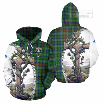 Cranstoun (Cranston) Tartan Hoodie with Family Crest and St. Andrew's Cross Accented by Thistle Vines