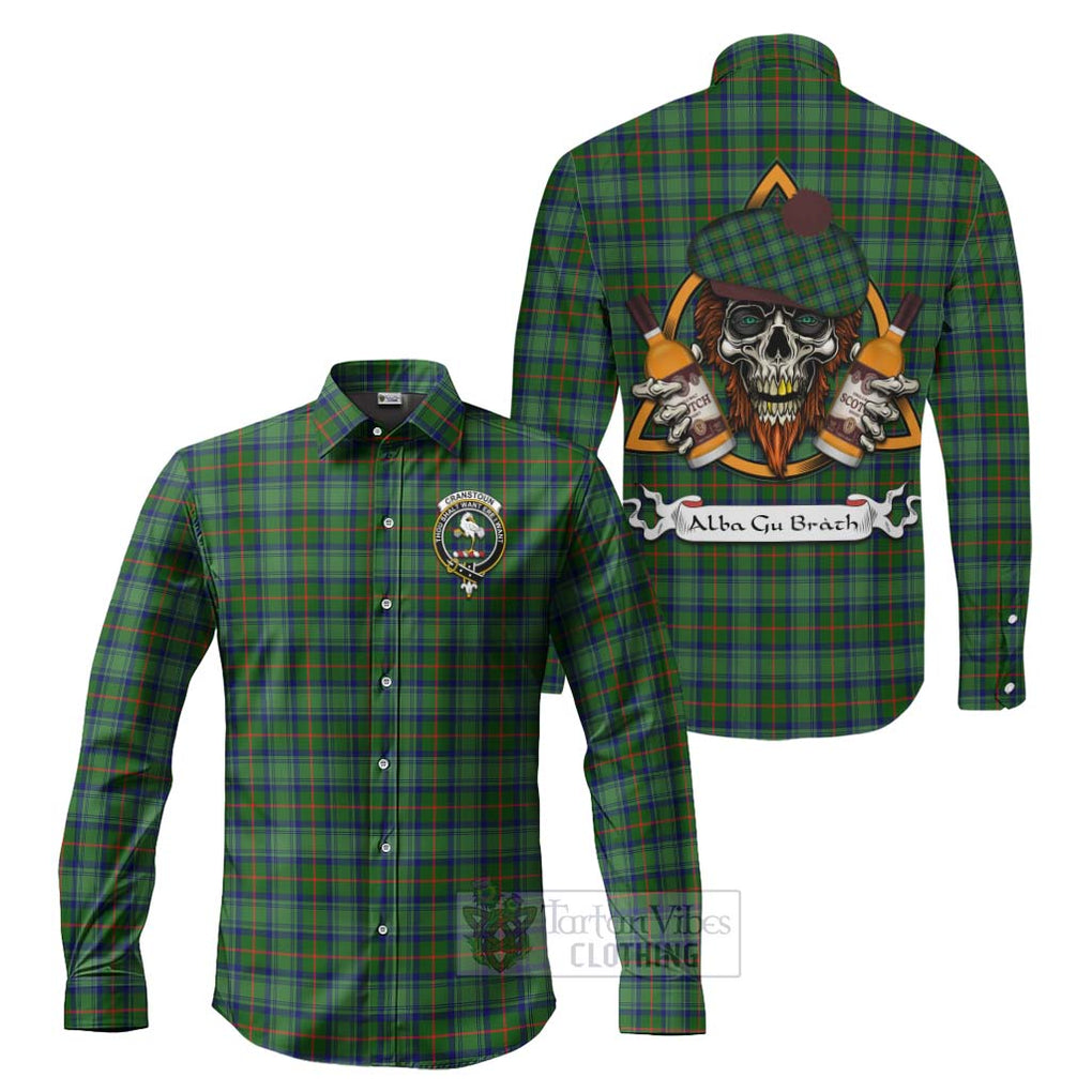 Tartan Vibes Clothing Cranstoun (Cranston) Tartan Long Sleeve Button Shirt with Family Crest and Bearded Skull Holding Bottles of Whiskey