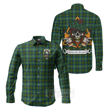 Cranstoun (Cranston) Tartan Long Sleeve Button Shirt with Family Crest and Bearded Skull Holding Bottles of Whiskey