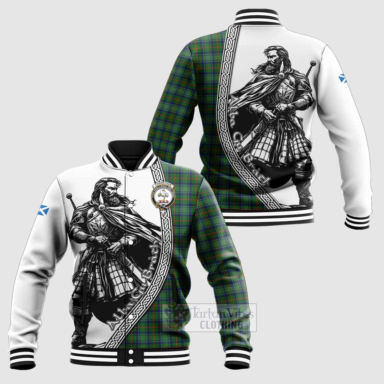 Tartan Vibes Clothing Cranstoun (Cranston) Tartan Clan Crest Baseball Jacket with Highlander Warrior Celtic Style