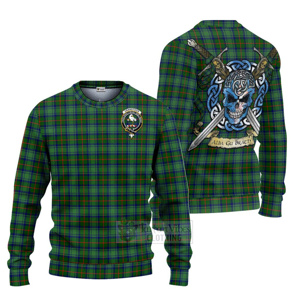 Tartan Vibes Clothing Cranstoun (Cranston) Tartan Knitted Sweater with Family Crest Celtic Skull Style