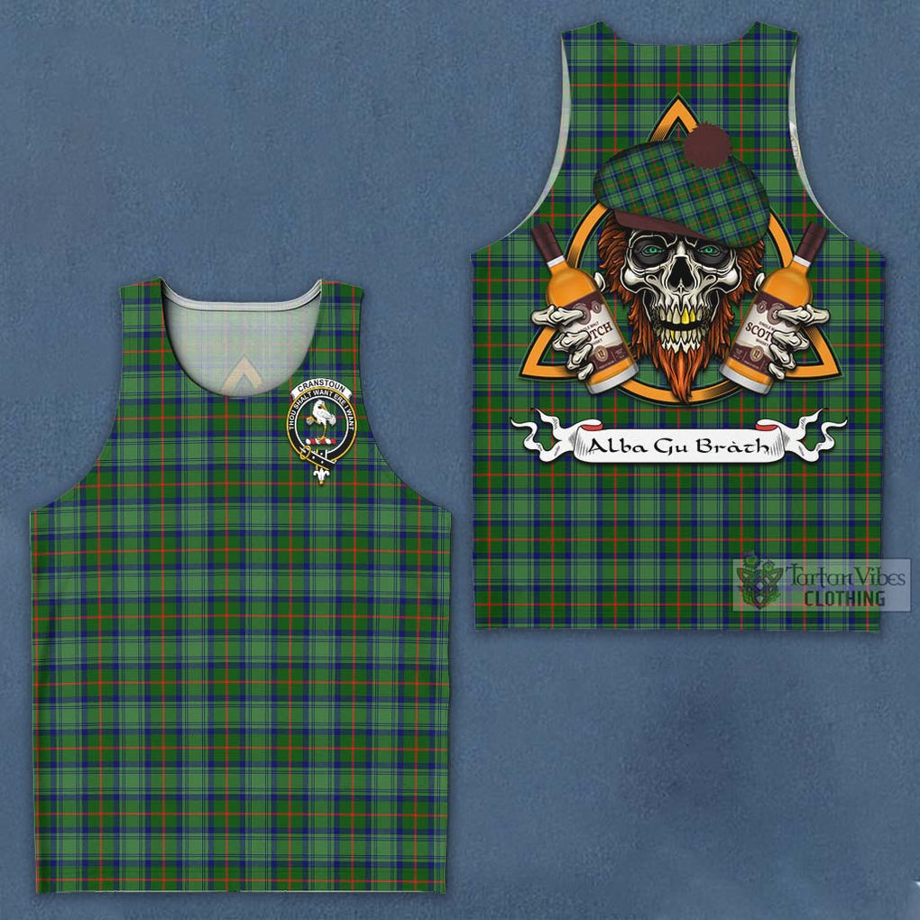 Tartan Vibes Clothing Cranstoun (Cranston) Tartan Men's Tank Top with Family Crest and Bearded Skull Holding Bottles of Whiskey