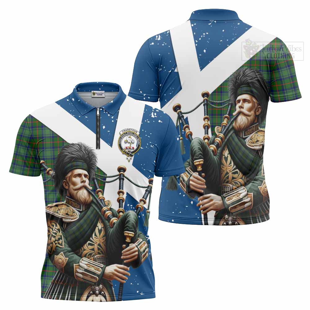 Tartan Vibes Clothing Cranstoun (Cranston) Tartan Zipper Polo Shirt with Family Crest Scottish Bagpiper Vibes