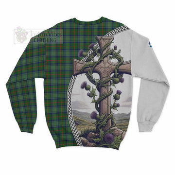 Cranstoun (Cranston) Tartan Sweatshirt with Family Crest and St. Andrew's Cross Accented by Thistle Vines