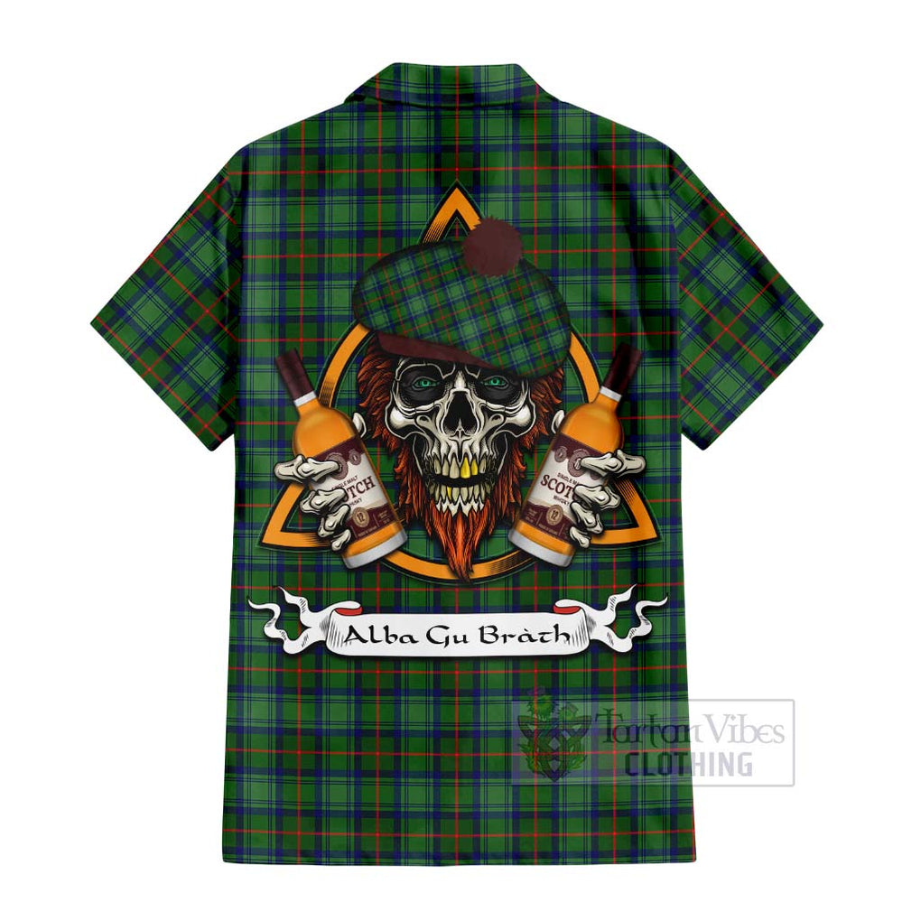 Tartan Vibes Clothing Cranstoun (Cranston) Tartan Short Sleeve Button Shirt with Family Crest and Bearded Skull Holding Bottles of Whiskey