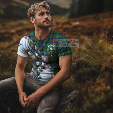 Cranstoun (Cranston) Tartan T-Shirt with Family Crest and St. Andrew's Cross Accented by Thistle Vines