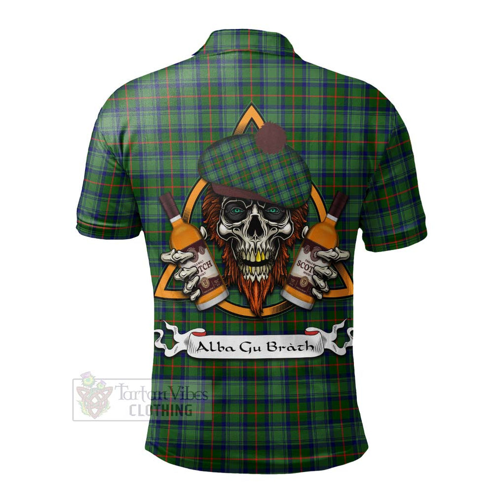 Tartan Vibes Clothing Cranstoun (Cranston) Tartan Polo Shirt with Family Crest and Bearded Skull Holding Bottles of Whiskey