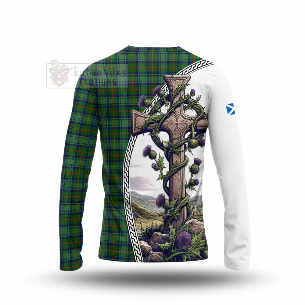 Tartan Vibes Clothing Cranstoun (Cranston) Tartan Long Sleeve T-Shirt with Family Crest and St. Andrew's Cross Accented by Thistle Vines