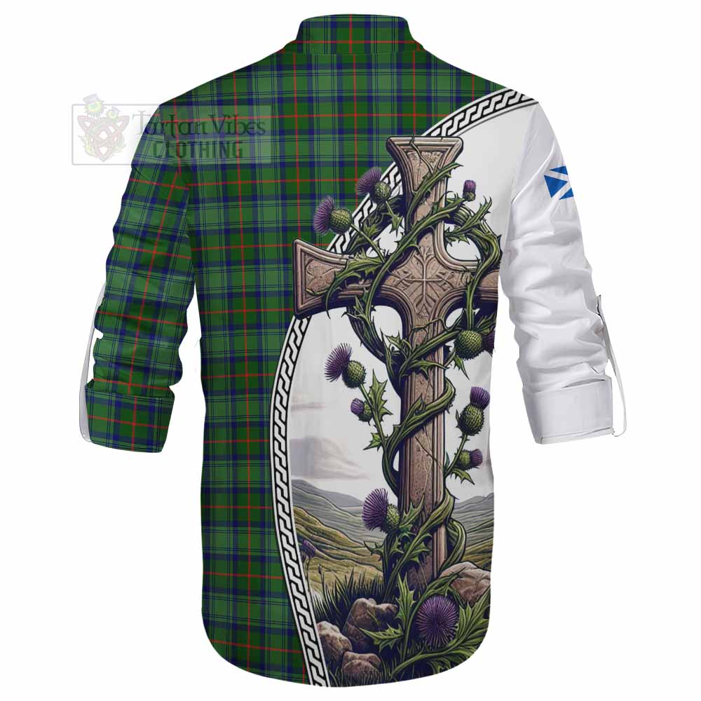 Tartan Vibes Clothing Cranstoun (Cranston) Tartan Ghillie Kilt Shirt with Family Crest and St. Andrew's Cross Accented by Thistle Vines