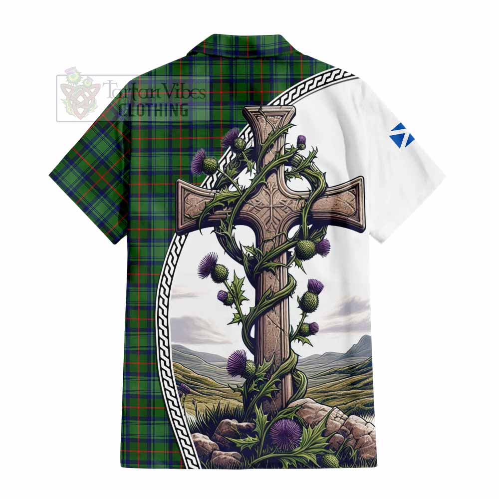 Tartan Vibes Clothing Cranstoun (Cranston) Tartan Short Sleeve Button Shirt with Family Crest and St. Andrew's Cross Accented by Thistle Vines