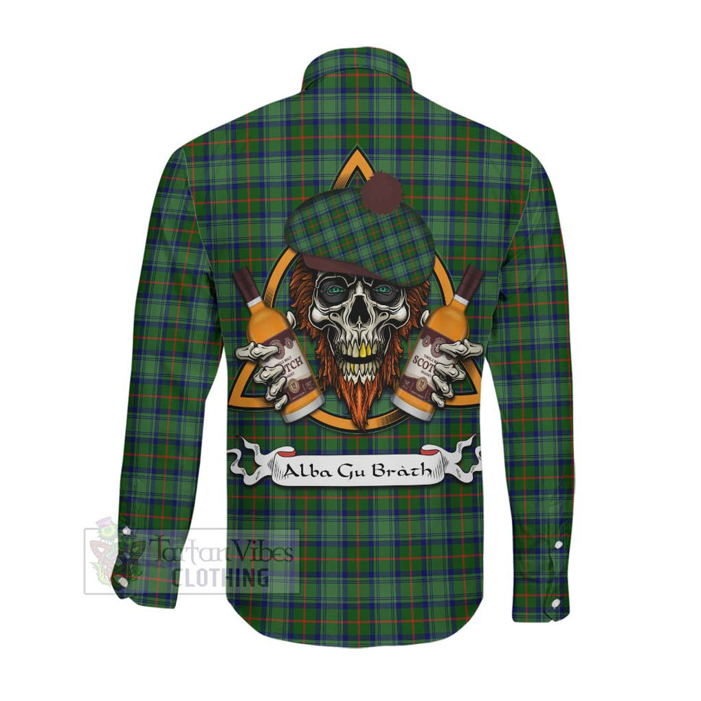 Tartan Vibes Clothing Cranstoun (Cranston) Tartan Long Sleeve Button Shirt with Family Crest and Bearded Skull Holding Bottles of Whiskey