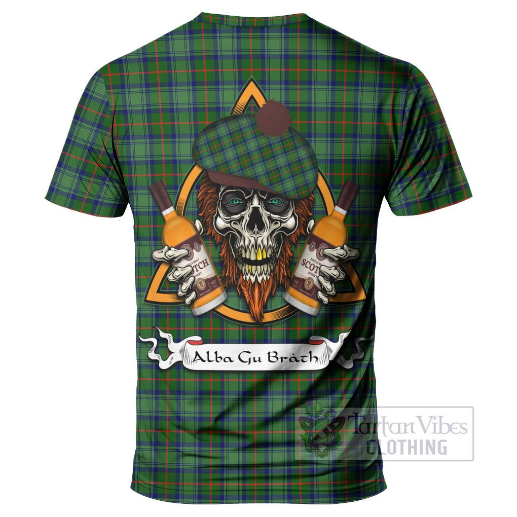 Tartan Vibes Clothing Cranstoun (Cranston) Tartan T-Shirt with Family Crest and Bearded Skull Holding Bottles of Whiskey