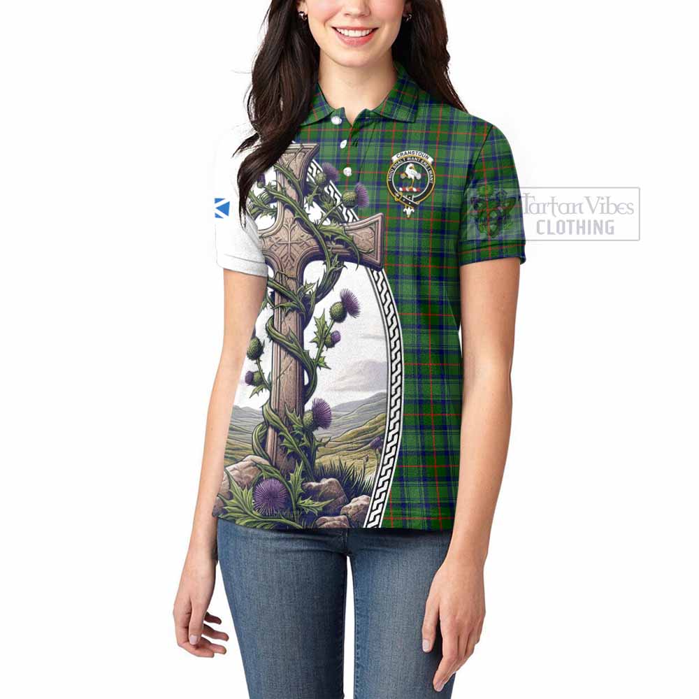 Tartan Vibes Clothing Cranstoun (Cranston) Tartan Women's Polo Shirt with Family Crest and St. Andrew's Cross Accented by Thistle Vines