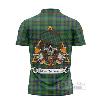 Cranstoun (Cranston) Tartan Zipper Polo Shirt with Family Crest and Bearded Skull Holding Bottles of Whiskey