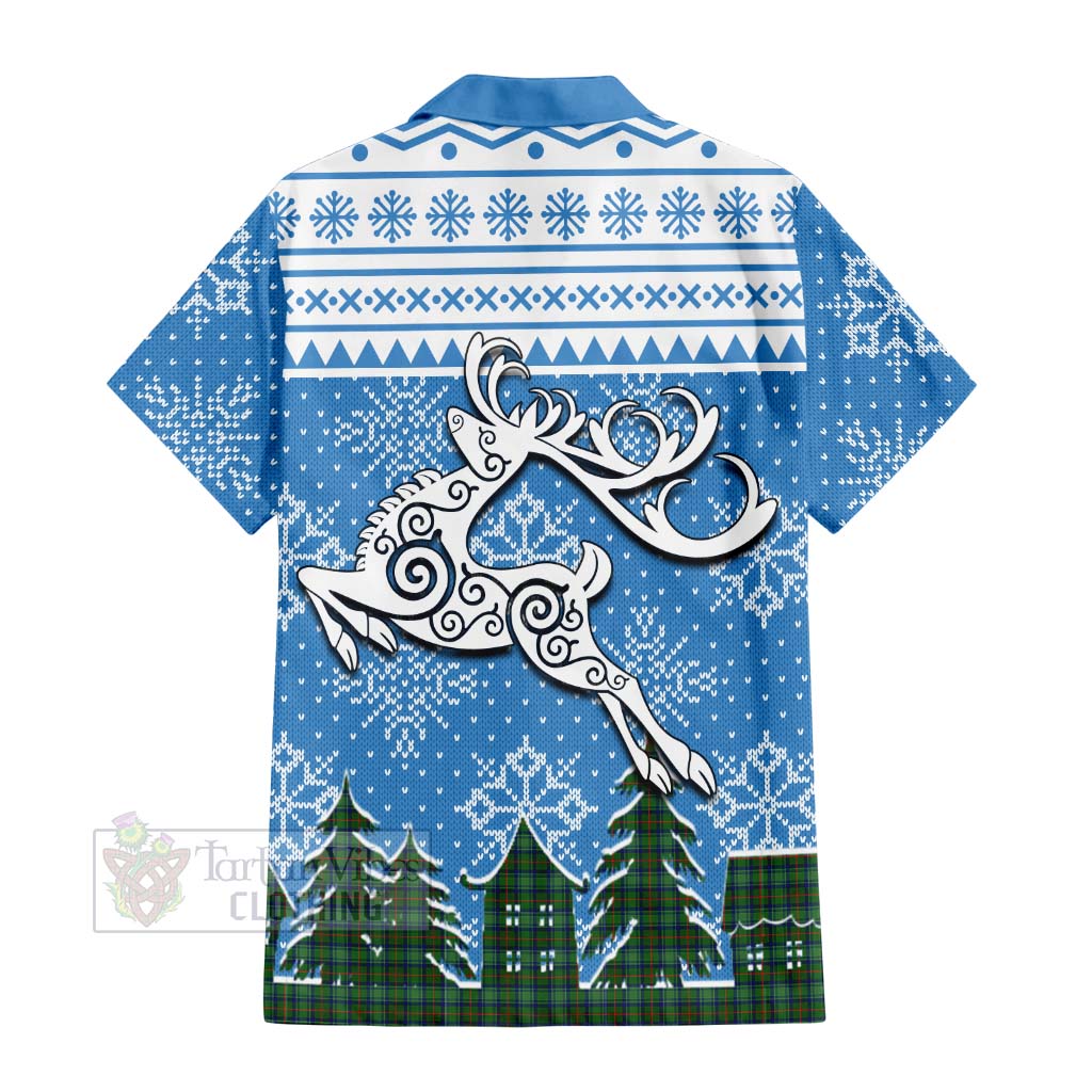 Tartan Vibes Clothing Cranstoun (Cranston) Clan Christmas Short Sleeve Button Shirt Celtic Reindeer Style