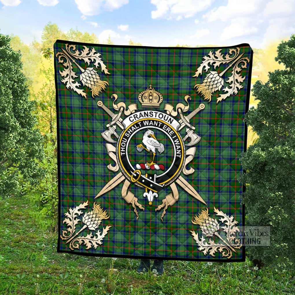 Tartan Vibes Clothing Cranstoun (Cranston) Tartan Quilt with Family Crest and Scottish Golden Courage Shield