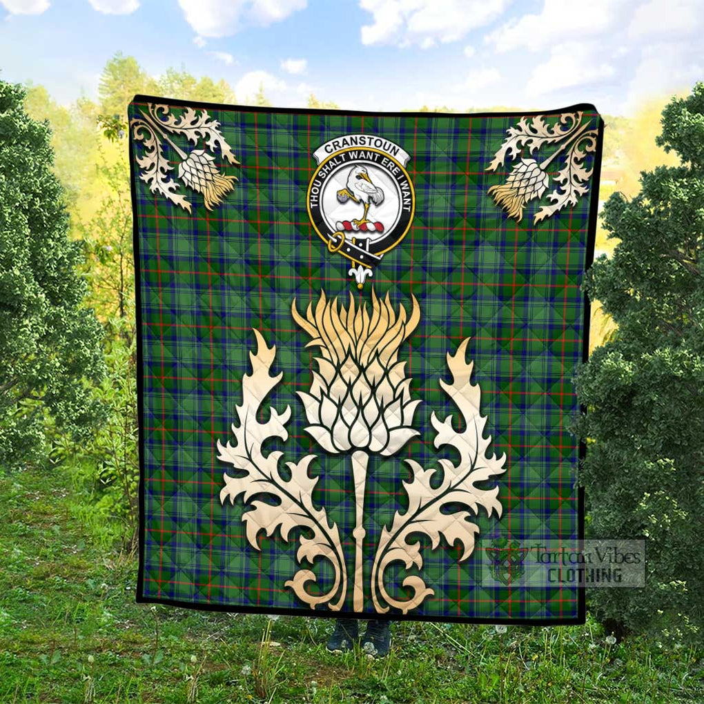 Tartan Vibes Clothing Cranstoun (Cranston) Tartan Quilt with Family Crest and Golden Thistle Style