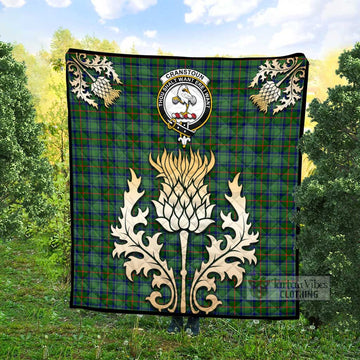 Cranstoun (Cranston) Tartan Quilt with Family Crest and Golden Thistle Style