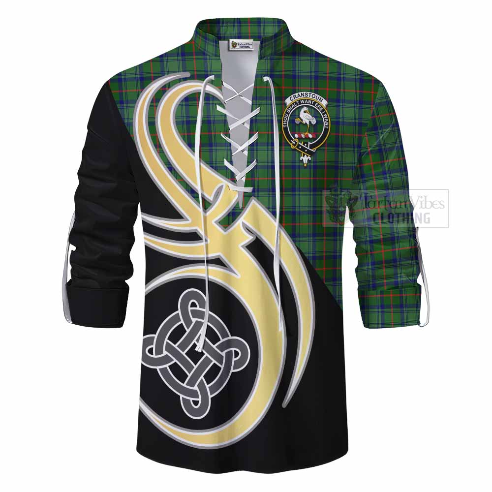 Tartan Vibes Clothing Cranstoun (Cranston) Tartan Ghillie Kilt Shirt with Family Crest and Celtic Symbol Style