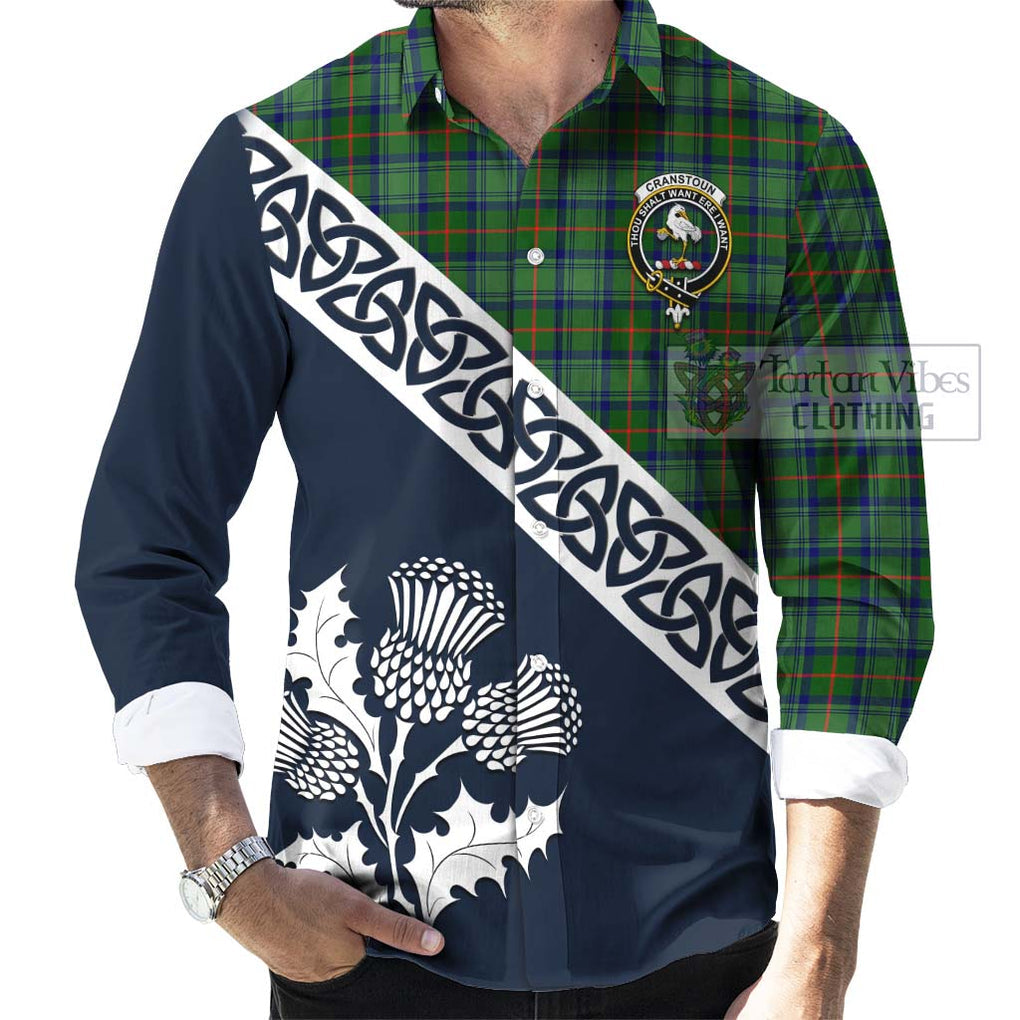 Tartan Vibes Clothing Cranstoun (Cranston) Tartan Long Sleeve Button Shirt Featuring Thistle and Scotland Map