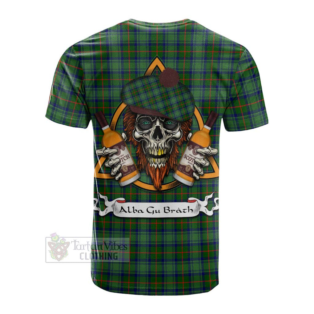 Tartan Vibes Clothing Cranstoun (Cranston) Tartan Cotton T-shirt with Family Crest and Bearded Skull Holding Bottles of Whiskey