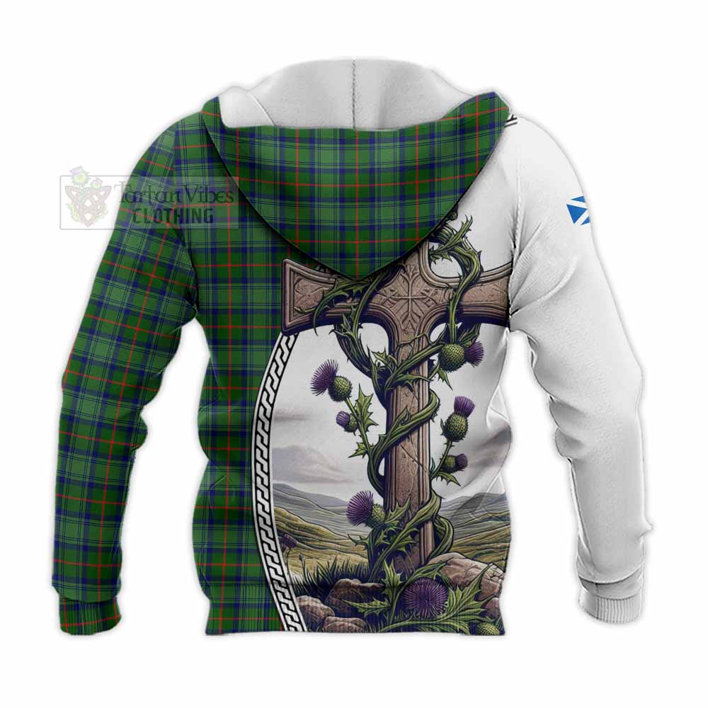 Tartan Vibes Clothing Cranstoun (Cranston) Tartan Knitted Hoodie with Family Crest and St. Andrew's Cross Accented by Thistle Vines