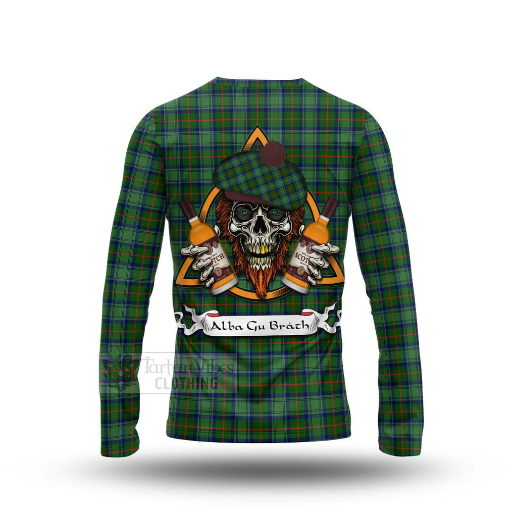 Tartan Vibes Clothing Cranstoun (Cranston) Tartan Long Sleeve T-Shirt with Family Crest and Bearded Skull Holding Bottles of Whiskey