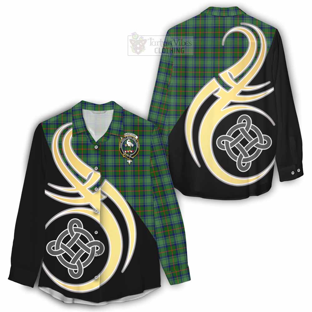 Tartan Vibes Clothing Cranstoun (Cranston) Tartan Women's Casual Shirt with Family Crest and Celtic Symbol Style