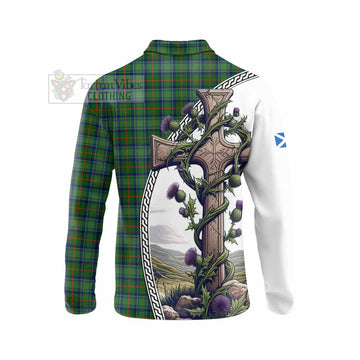 Cranstoun (Cranston) Tartan Long Sleeve Polo Shirt with Family Crest and St. Andrew's Cross Accented by Thistle Vines