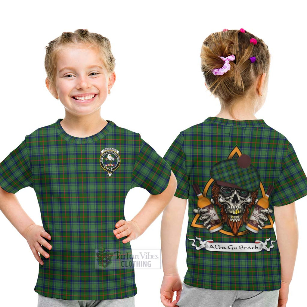 Tartan Vibes Clothing Cranstoun (Cranston) Tartan Kid T-Shirt with Family Crest and Bearded Skull Holding Bottles of Whiskey