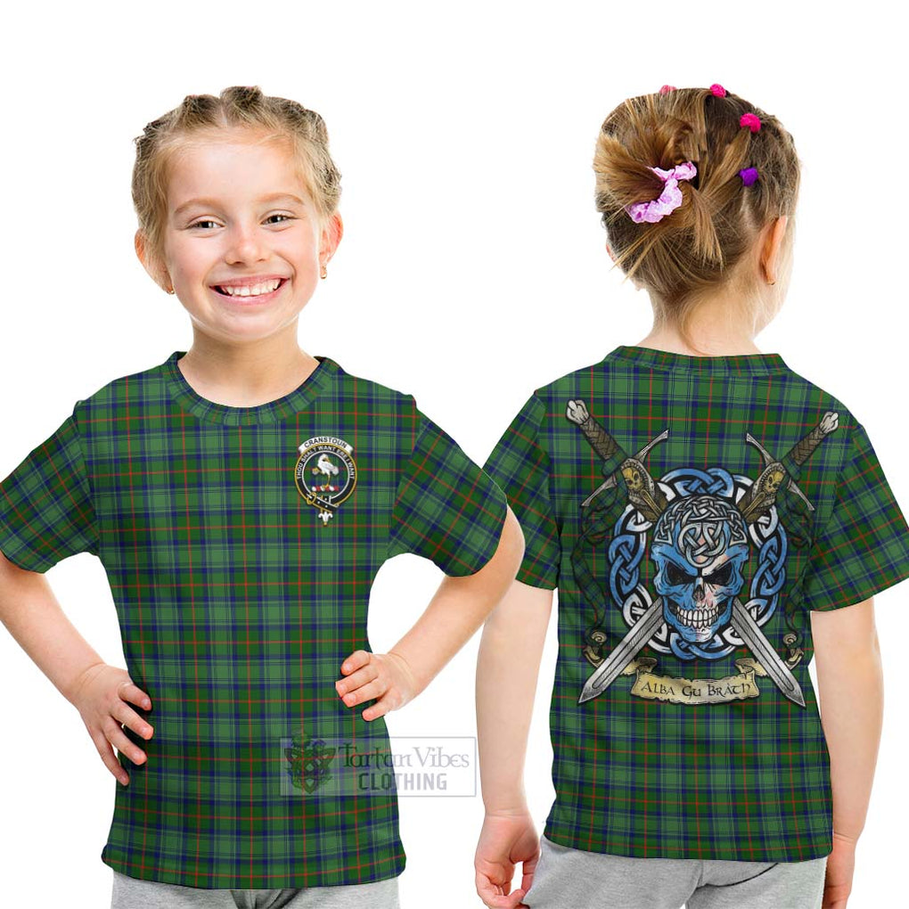 Tartan Vibes Clothing Cranstoun (Cranston) Tartan Kid T-Shirt with Family Crest Celtic Skull Style