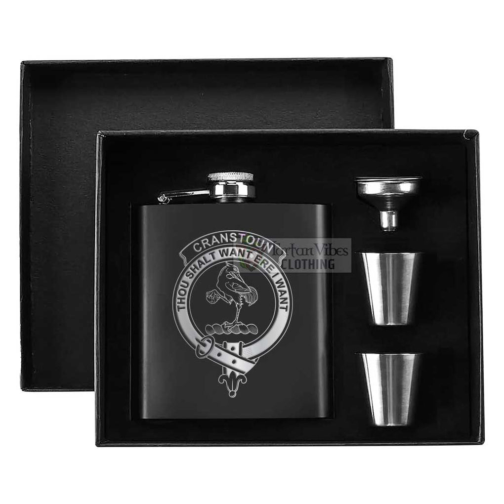 Tartan Vibes Clothing Cranstoun (Cranston) Crest Hip Flask Set 7oz Black Stainless Steel with A Gift Box