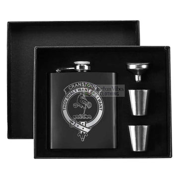 Cranstoun (Cranston) Crest Hip Flask Set 7oz Black Stainless Steel with A Gift Box