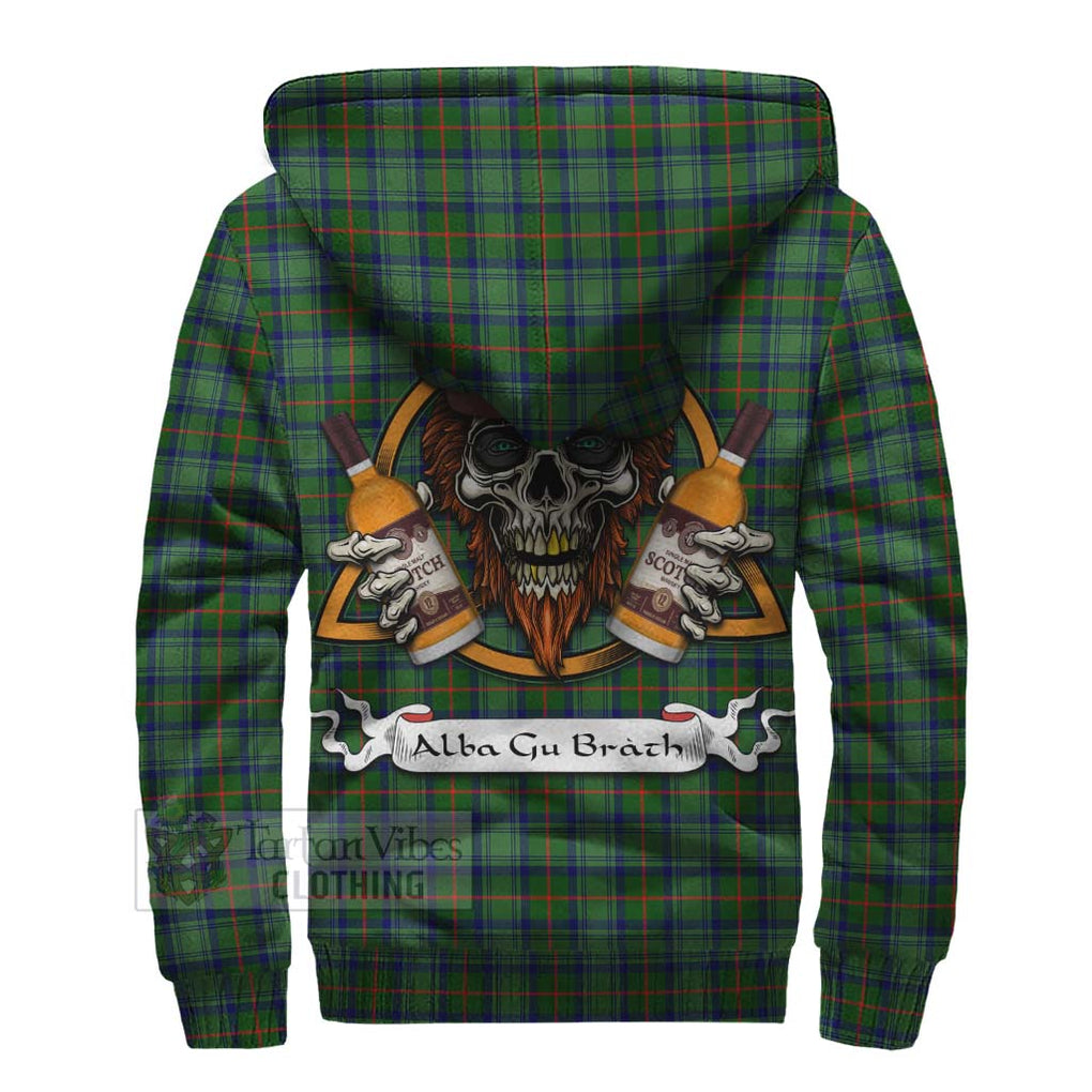 Tartan Vibes Clothing Cranstoun (Cranston) Tartan Sherpa Hoodie with Family Crest and Bearded Skull Holding Bottles of Whiskey