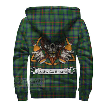 Cranstoun (Cranston) Tartan Sherpa Hoodie with Family Crest and Bearded Skull Holding Bottles of Whiskey