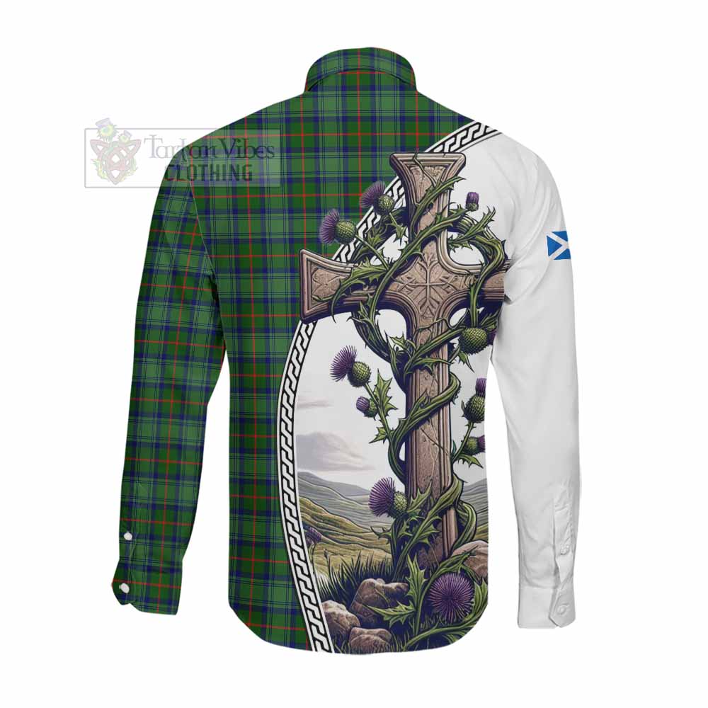 Tartan Vibes Clothing Cranstoun (Cranston) Tartan Long Sleeve Button Shirt with Family Crest and St. Andrew's Cross Accented by Thistle Vines