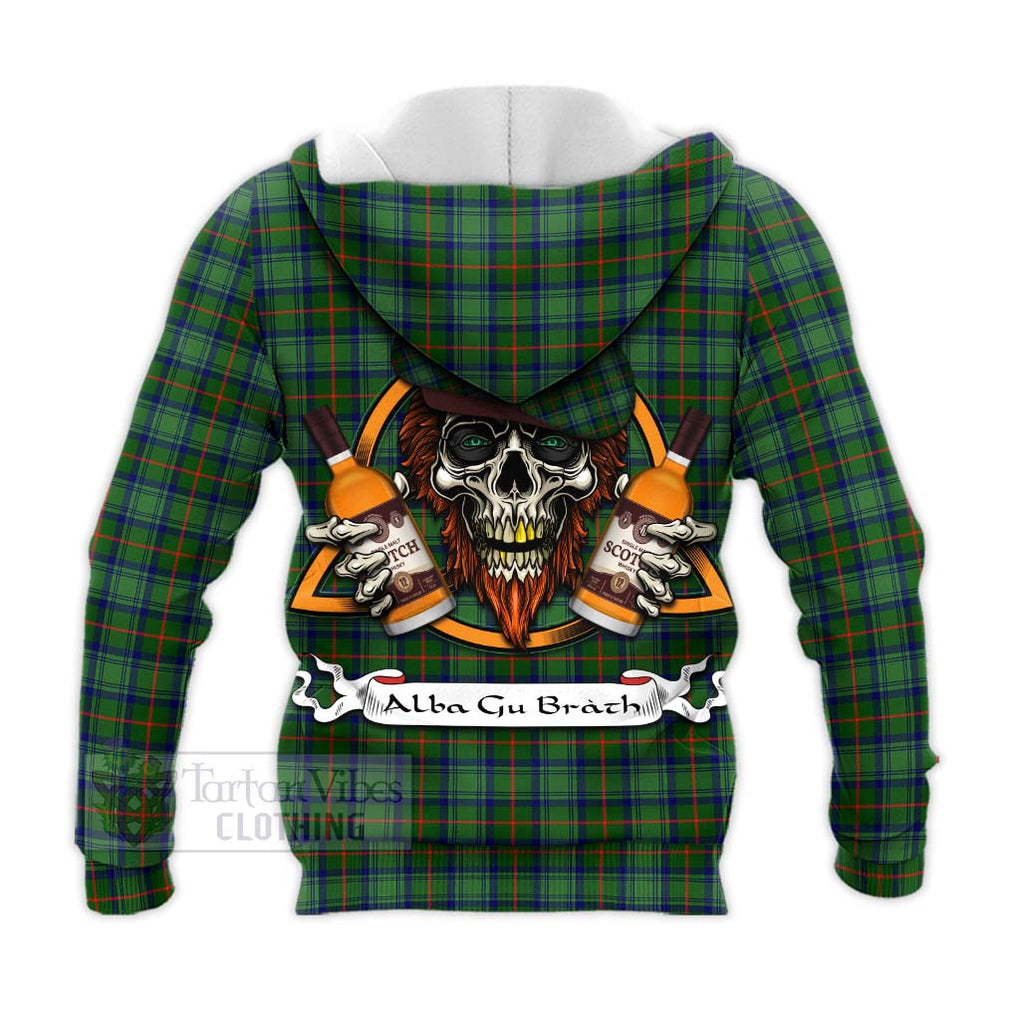 Tartan Vibes Clothing Cranstoun (Cranston) Tartan Knitted Hoodie with Family Crest and Bearded Skull Holding Bottles of Whiskey